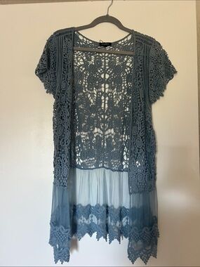 Rachel Blue Gray Crochet Lace Open Cardigan